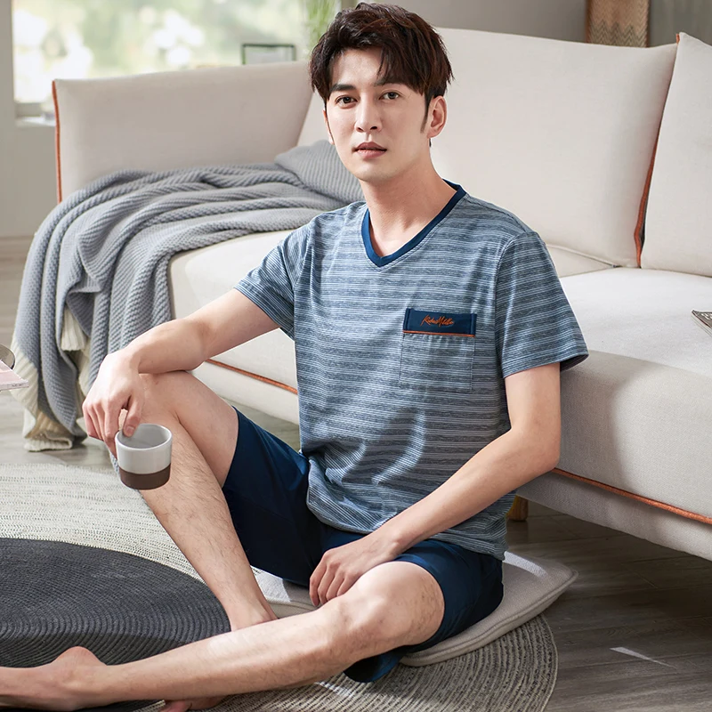 

stretch cotton pajamas men's summer thin striped short-sleeved v-neck summer large size casual wearable youth home service suit