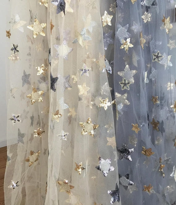 Gold and silver stars, sequins gauze embroidery fabrics, dresses screens fabrics