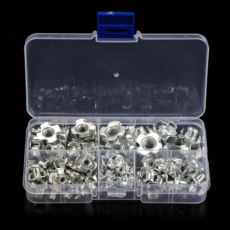 90pcs Zinc Plated Four Pronged T Nuts M3/M4/M5/M6/M8 Blind Inserts Nut For Wood Furniture