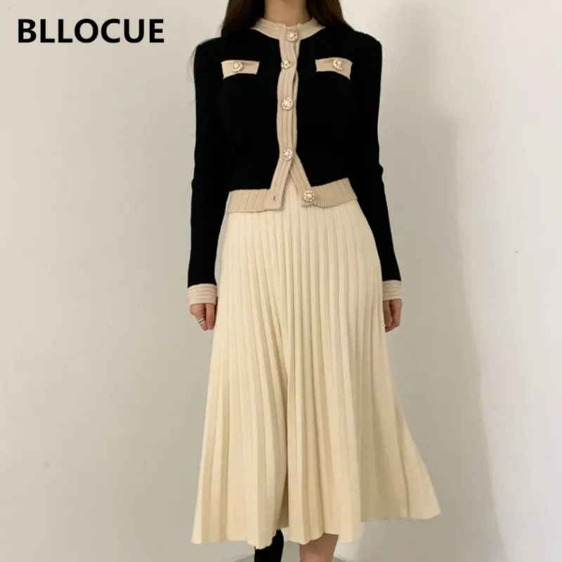 BLLOCUE New Autumn Winter Fashion Women Single Breasted Pearl Buttons Cardigan Sweater+High waist Pleated Skirt Suit 2Piece Set