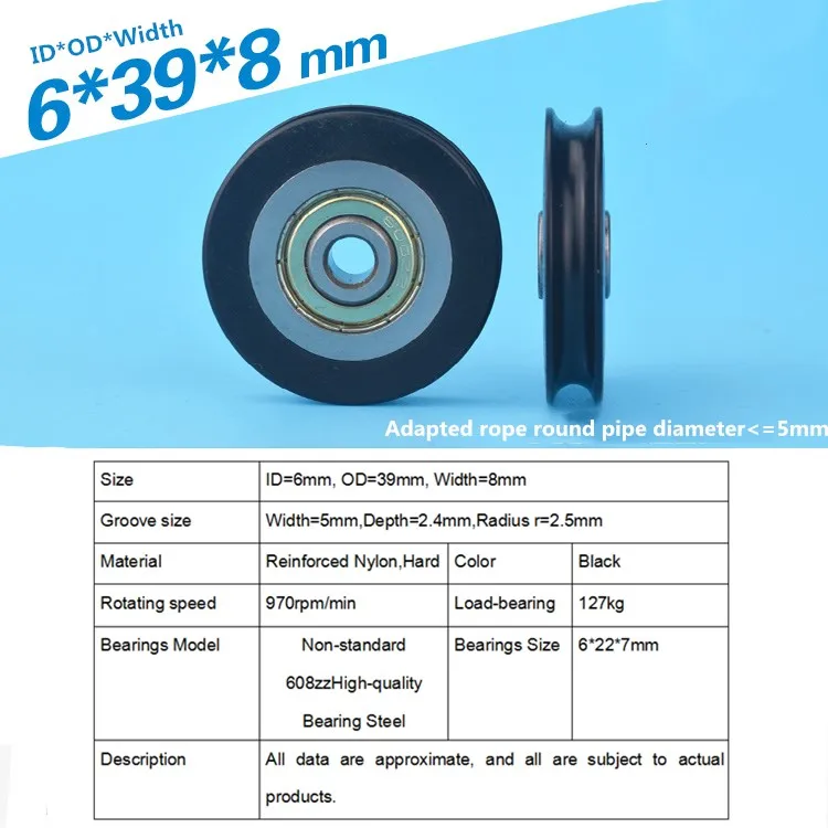 5 Pcs 6X39X8 Mm a Forma di U 608 Cuscinetto Ruota in Nylon Puleggia R2.5mm Rotonda Tipo di Pista guida V Scanalatura Cuscinetto Ruota Roller Ruota