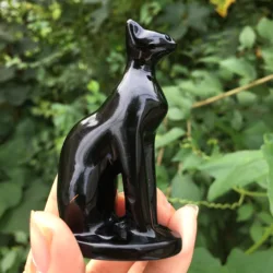 7cm Cute Natural Stone Black Obsidian Handmade Carved Egyptian Cat God Animal Powerful Statue For Home Decoration Gift