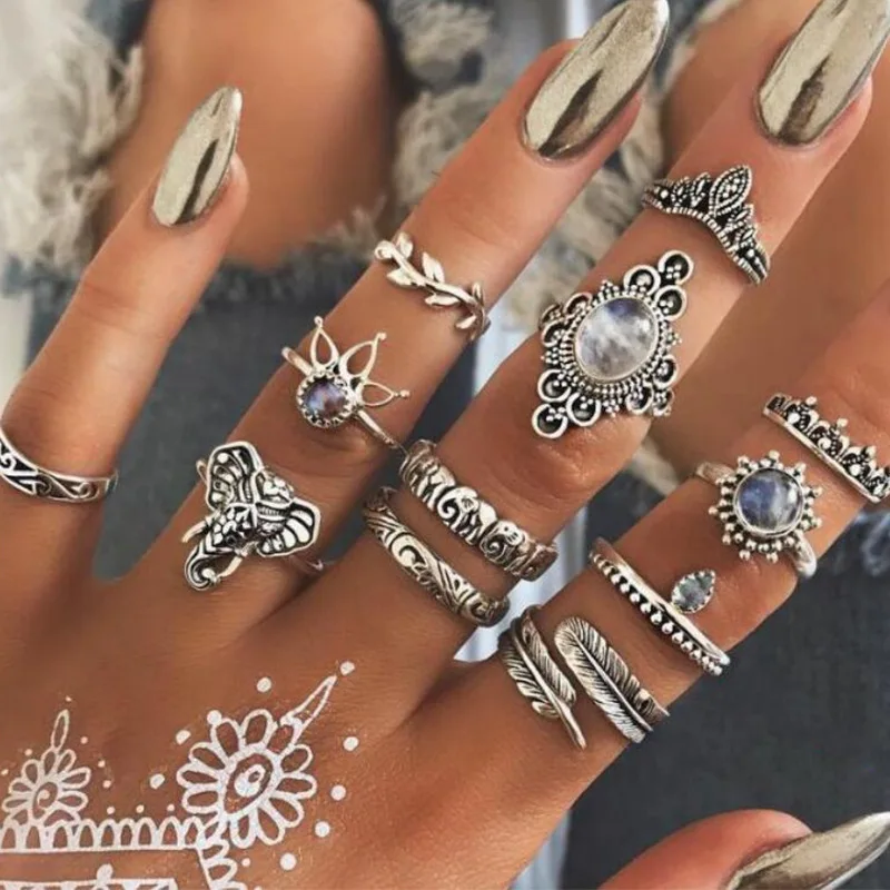 12 pçs/set moda elefante junta anéis conjunto para mulheres cristal pedra pena anel de dedo feminino boho festa jóias presente
