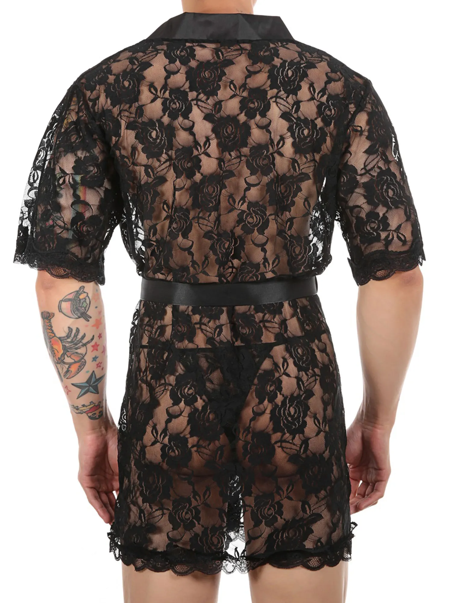 Mannen Sexy Sheer Kant Nacht-Gewaad Korte Mouwen Vest Nachtjapon Badjas Met T-Back En Riem Sissy Lingerie loungewear Nachtkleding