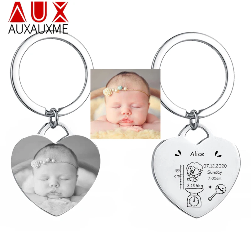 Auxauxme Custom Baby Keychains Engrave Baby's Photo Name Birthday Weight  Custom Keyring Stainless Steel Jewelry Birthday Gifts