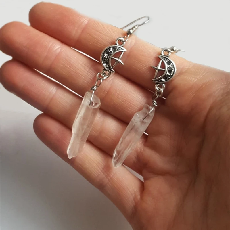 Clear Quartz Moon Earrings - Boho, Witchy, Natural Stones, Esoteric, Celestial, Alternative, Nugoth, Gothic, Romantic.star Gift