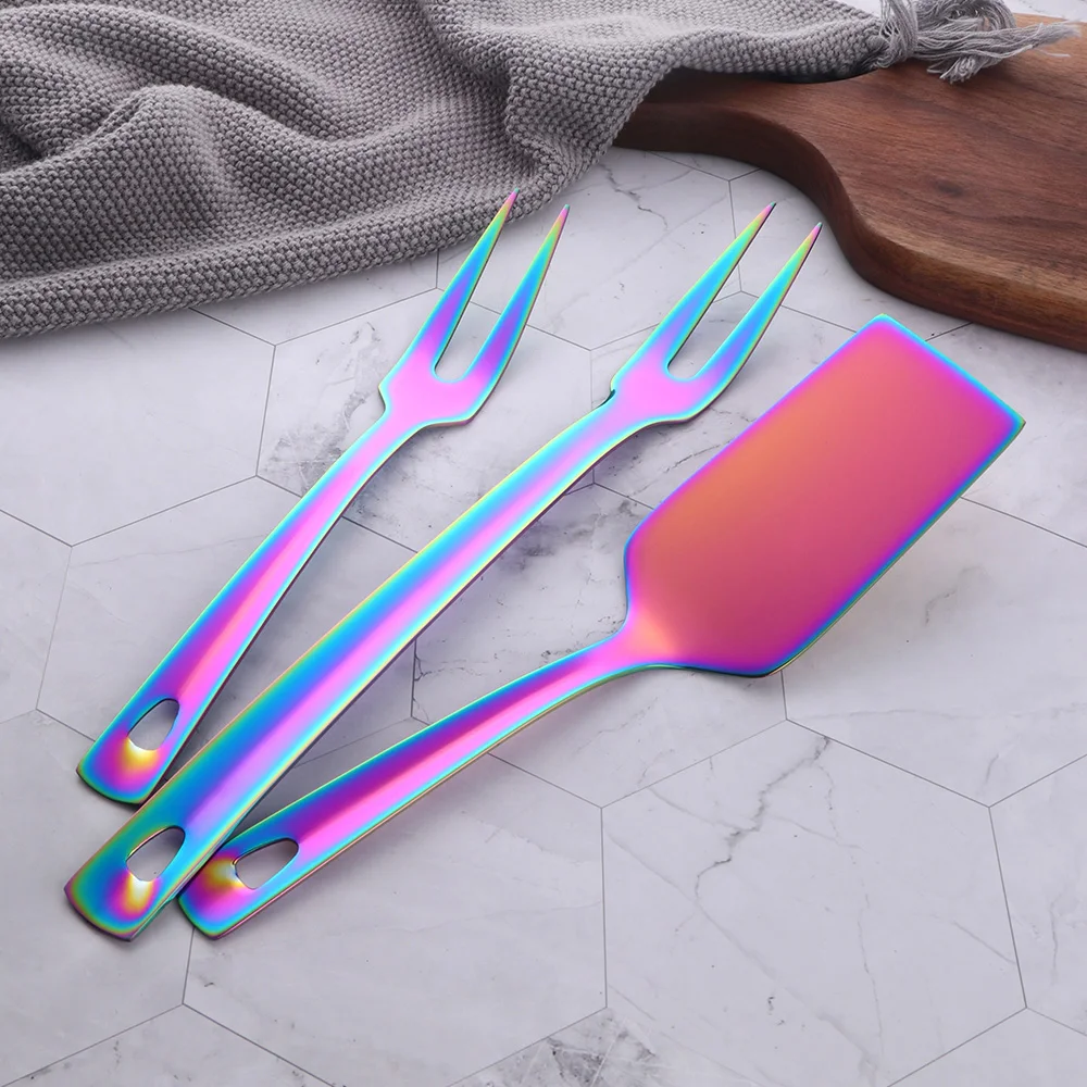 1PC Rainbow Stainless Steel Nonstick Kitchen Utensils Cooking Tool Long Serving Sets Scoop Spoon Fork Turner Ladle Cake Shovel