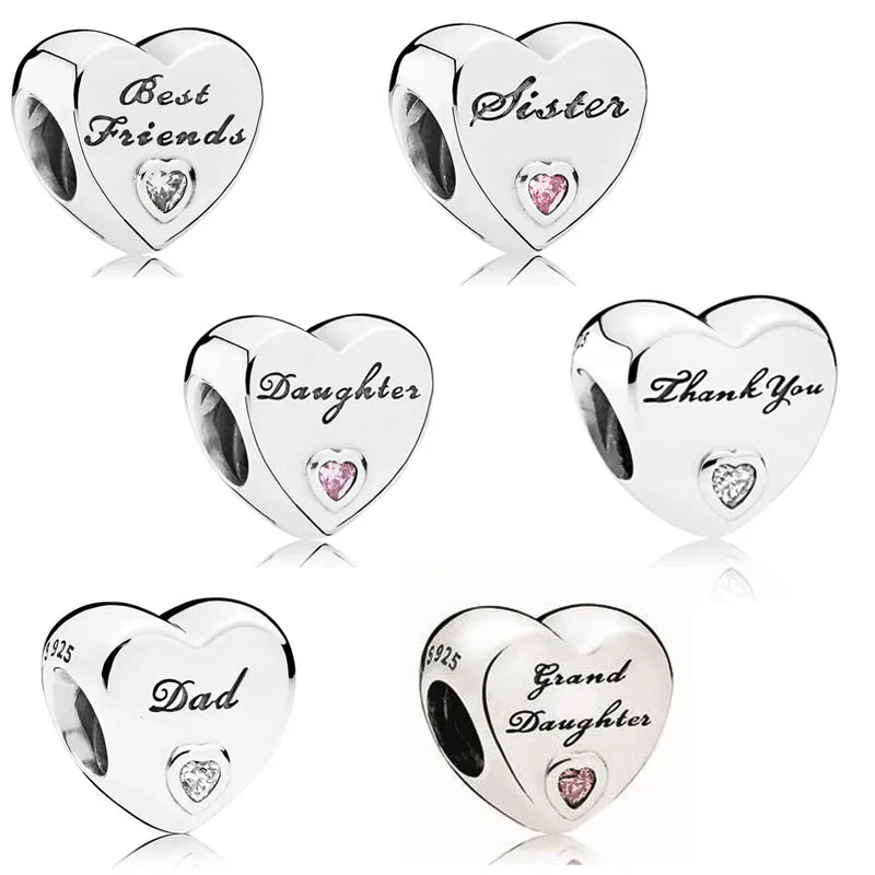 

6 Design Paved Stone Heart Beads for Charms Bracelets Women Silver 925 Jewelry Dad Daughter Sister Best Friends Signature Beads