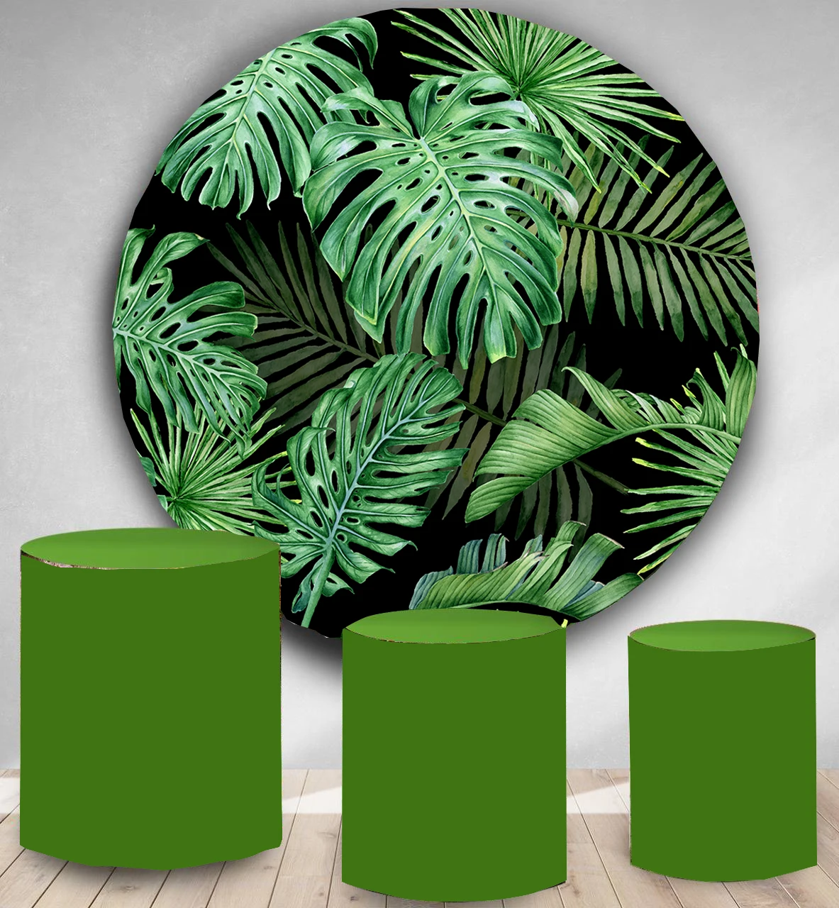 

Tropical plants Green leaves round panel backdrop circle background wedding birthday baby shower party decor polyester fabric