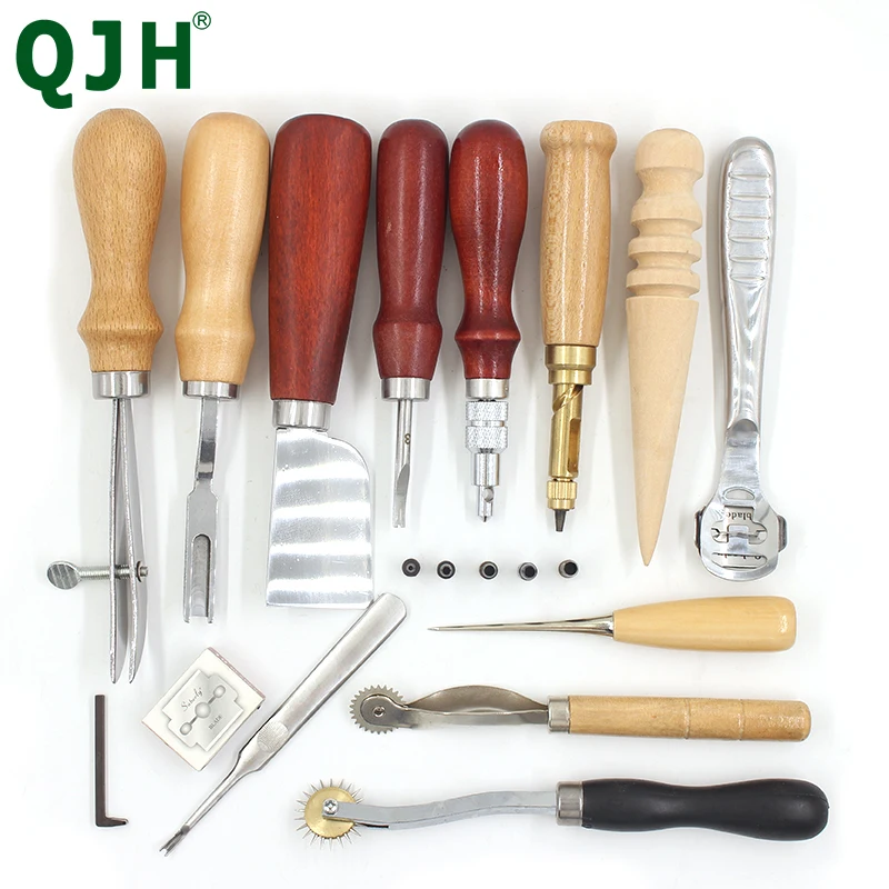 13pcs DIY Leather Craft Tool Kit Leather Edge Pressure Wheel Shovel Cutting Knife Waistband Hole Puncher Awl Wood Polished Rod