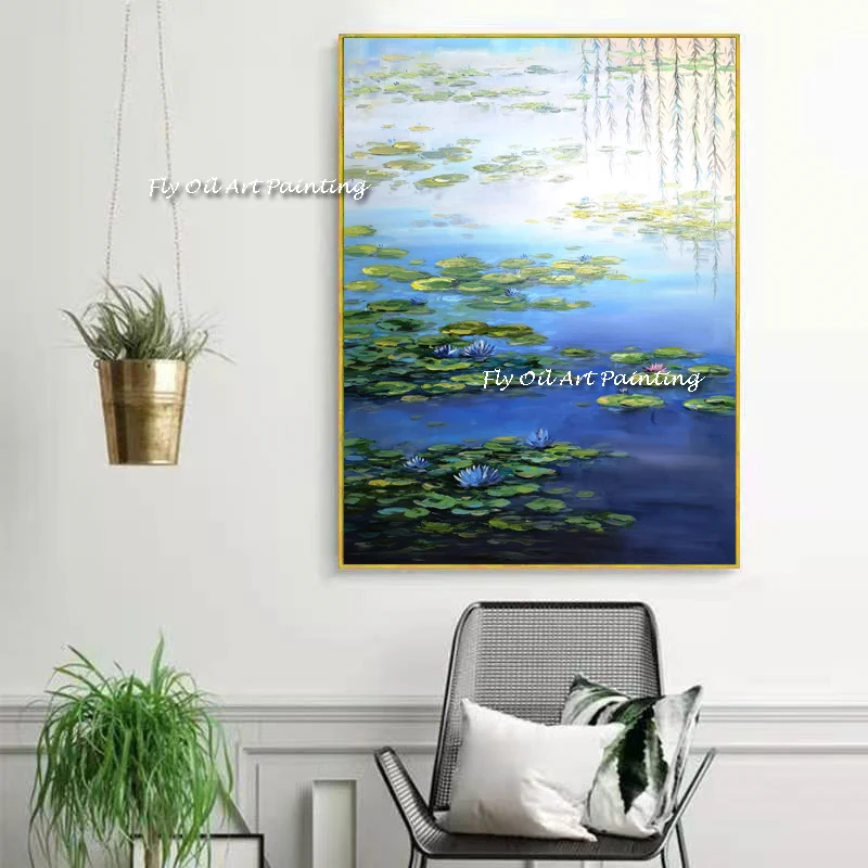 100% Hand Painted water lily Monet Oil Painting Wall Art Abstract Canvas Big art Wall Art For Living Room Large Size painting