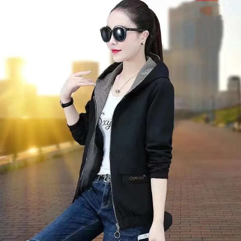 Double Sided Coat Female Spring Autumn 2022 New Fashion Wild Casual Double Sided Wear Jacket Hooded Baseball Uniform Top 308