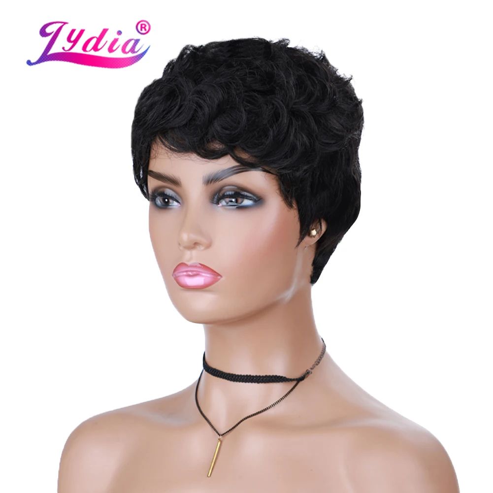 Lydia Synthetic Black Laidies Short Curly Kanekalon High Temperatural African American Russian Daily & Party Wigs Wavy