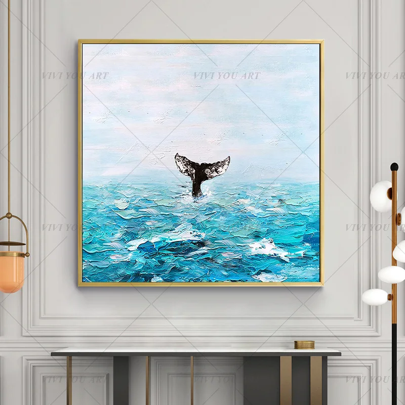 100% Handmade Blue Whale Tail Abstract Gold Oil Painting for Living Room Modern Painting wall decor picture art  Gift