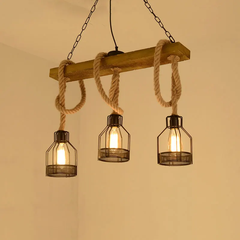 3 Heads Retro Industrial Chandelier Wood Pendant Lamp Iron Hemp Rope Hanging Lamp Restaurant Dining Room Cafe Bar Lighting