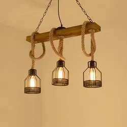 3 heads retro industrial chandelier wood pendant lamp iron hemp rope hanging lamp restaurant dining room cafe bar lighting