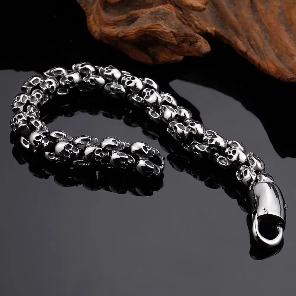 12mm Punk Skull Bracelets For Men Stainless Steel 316L Skeleton Lion Charm Link Chain Male Gothic Jewelry