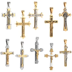 10 Style Stainless Steel Cross Necklace For Men Byzantine Catholic Crucifix Pendant Male Punk Rock Ornaments Pendant