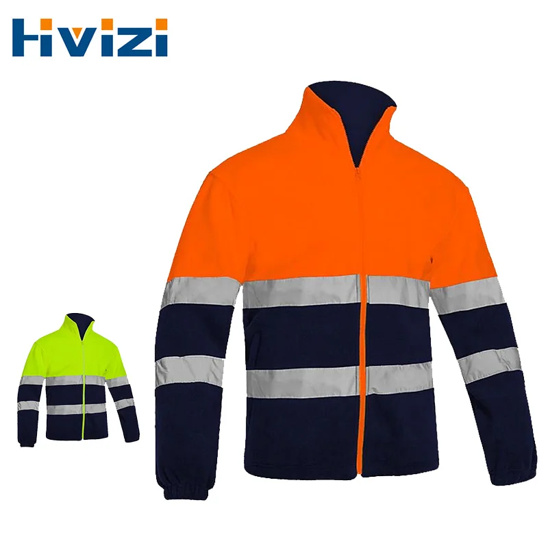 Reflective Two Tone Jacket Men Polar Fleece Jacket Winter Safety Jacket with Hi Vis Reflective Stripes Security Coat Orange