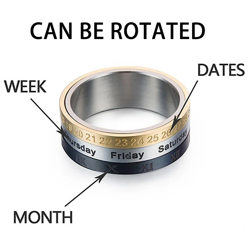 New Arrivals Three-color Calendar Week Roman Digital Stainless Steel Rings Creative Rotate Time Rings for Women Men Jewelry