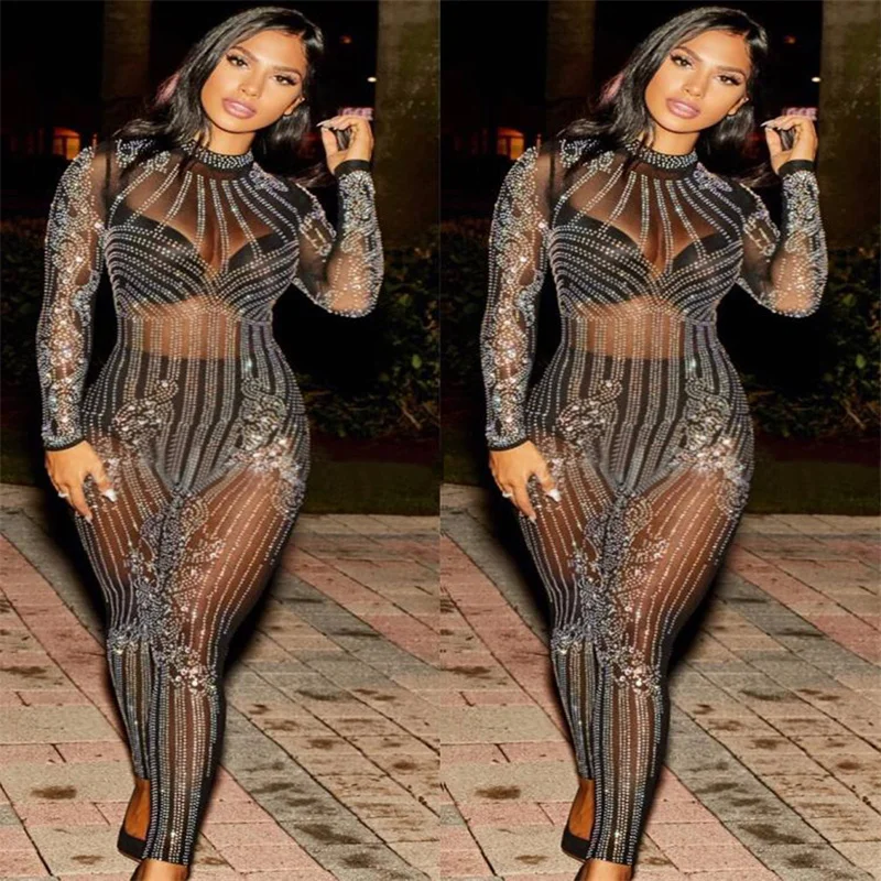 New Celebrity Sexy Bodycon Playsuit Fashion Slim Hot Drilling Mesh Women Jumpsuit Evening Club Party Casual Pant Suits