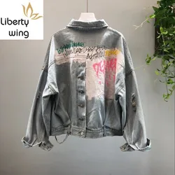 New Brand Denim Coat Women Fashion Print Vintage Frayed Hole Jean Jacket Female Letter Loose Fit Outerwear Girls Hot