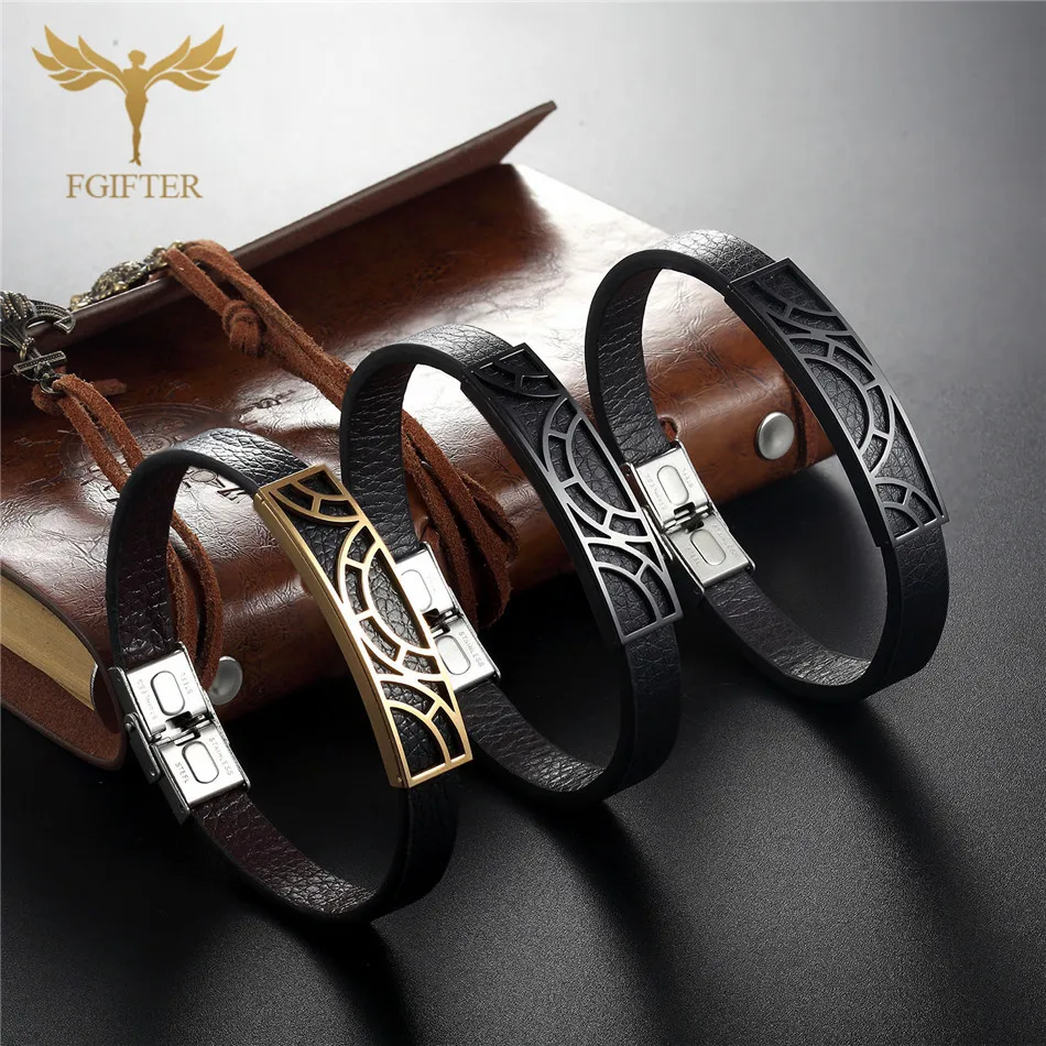 2021Cool Men Bracelets Leather Geometric Stainless Steel Fitting Cuff Bracelets Male Custom Sizes Causal Man Jewelry