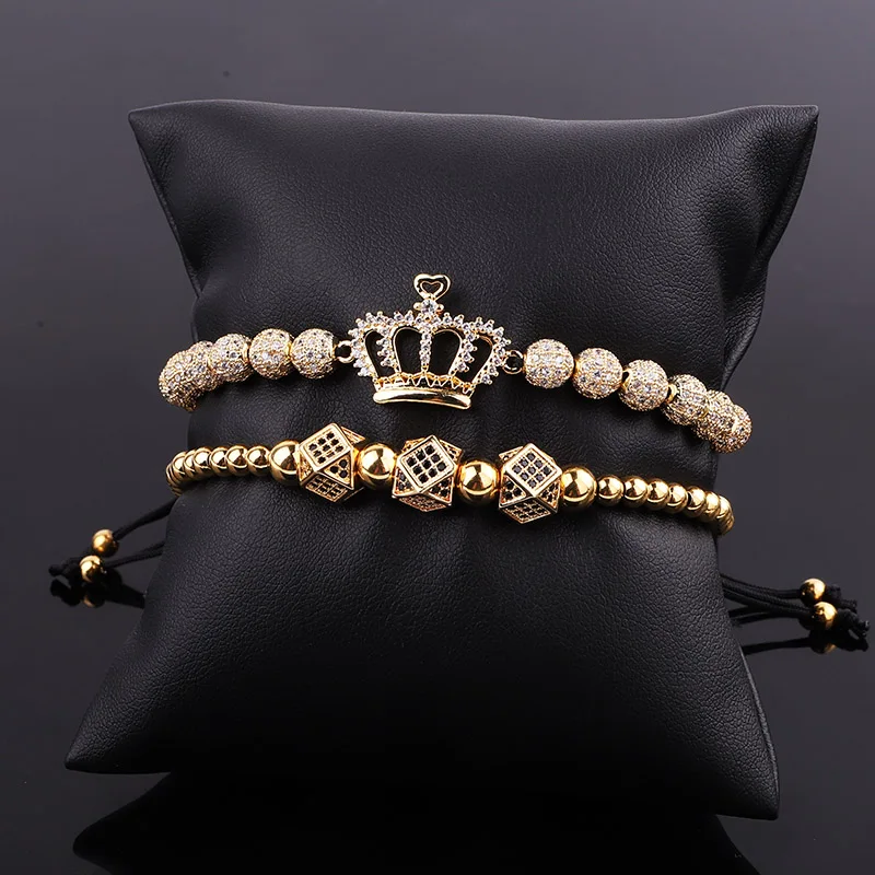 New Design Luxury Crown Jewelry Gold Plated CZ Pave Charm Beaded Macrame Bracelet Set Male