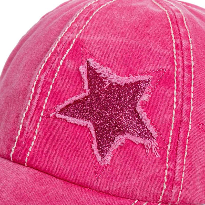 New Fashion Women Ponytail Cap Sequins 5-Point Star Hole Design Baseball Cap Female Washed Cotton Streetwear Hats