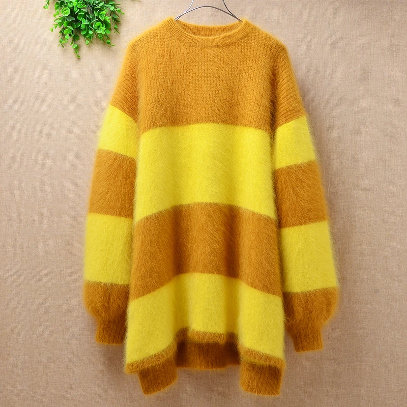 

Thick warm lady women genuine mink cashmere loose stripes long lantern sleeves o-neck angora rabbit fur pullover sweater winter