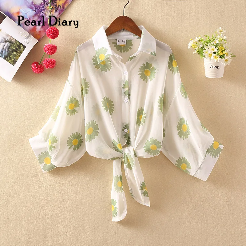 

Pearl Diary Women Chiffon Blouse Daisy Floral Print Sheer Chiffon Beach Cover Up Casual Blouse Long Sleeve Bow Tied Front Tops