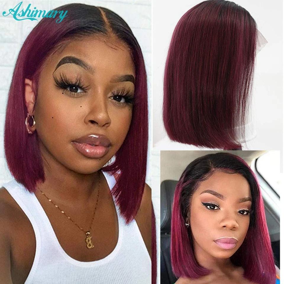 Highlight Wig Human Hair Straight Burgundy Bob Lace Front Wig 1B/99J Ombre Wig Short Bob Frontal Wigs Closure Wig 180% Density