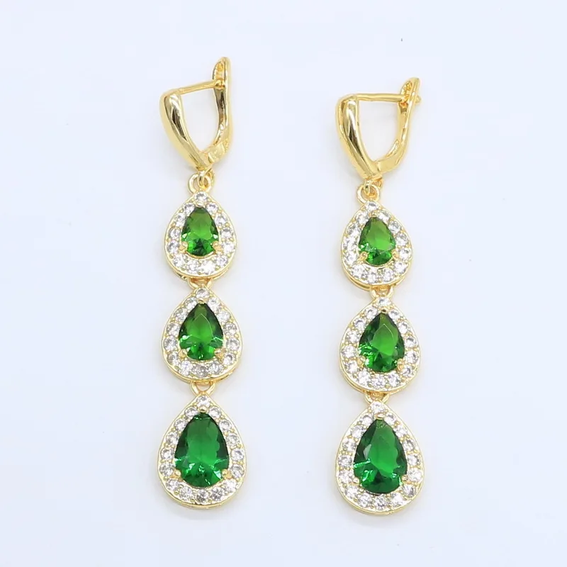 Water Drop Green Stones Gold Color Jewelry Set for Women with Bracelet Long Earrings Necklace Pendant Ring Birthday Gift