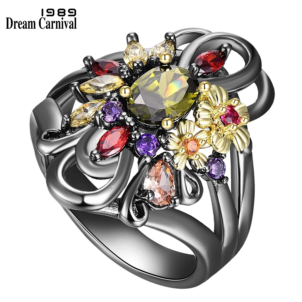 DreamCarnival1989 Fabulous Statement Rings for Women Elegant Colorful Zirconia New Hot Black Gold Ladies Party Jewelry WA11933