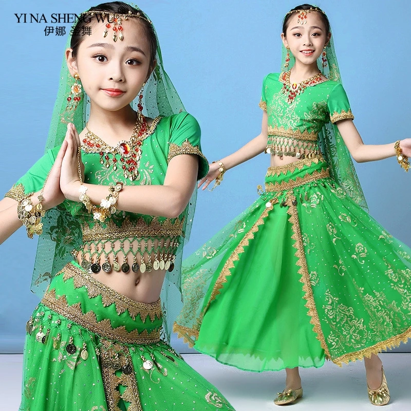 New Style Kids Belly Dance Indian Dance Costume Set Sari Bollywood Children Outfit Chiffon Belly Dance Performance Clothes Sets