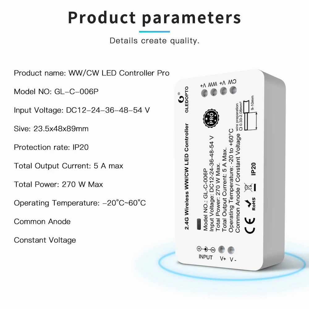 GLEDOPTO Zigbee 3.0 Pro WW/CW LED Controller Smart APP Voice Control Work with Alexa Echo Plus SmartThings RF Remote
