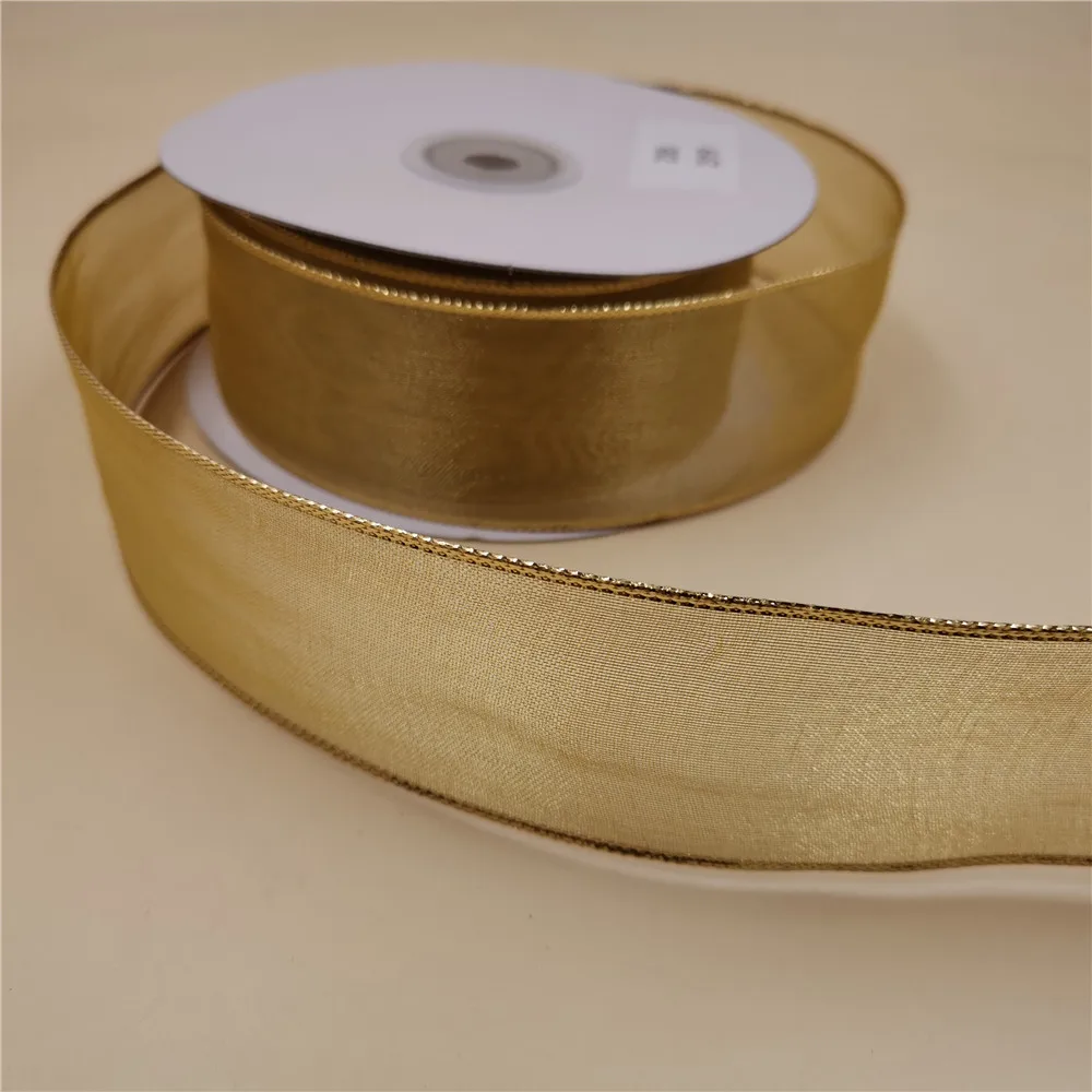 

38mm X 25yards Net gold metallic ribbon for gift packaging wired edge ribbon N2095