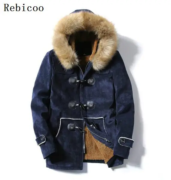 

Men's Hooded Winter Jacket New Men's Hooded Fur Collar Cotton Quilted Plus Velvet Warm Long Horn Buckle man Cotton Coat