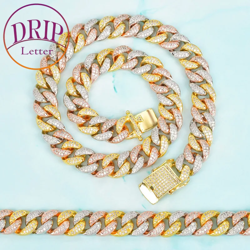 

Drip Letter 12mm Mixed Color Cuban Bracelet Link Chain Men's Hip Hop Necklace Rock Cubic Zirconia Jewelry