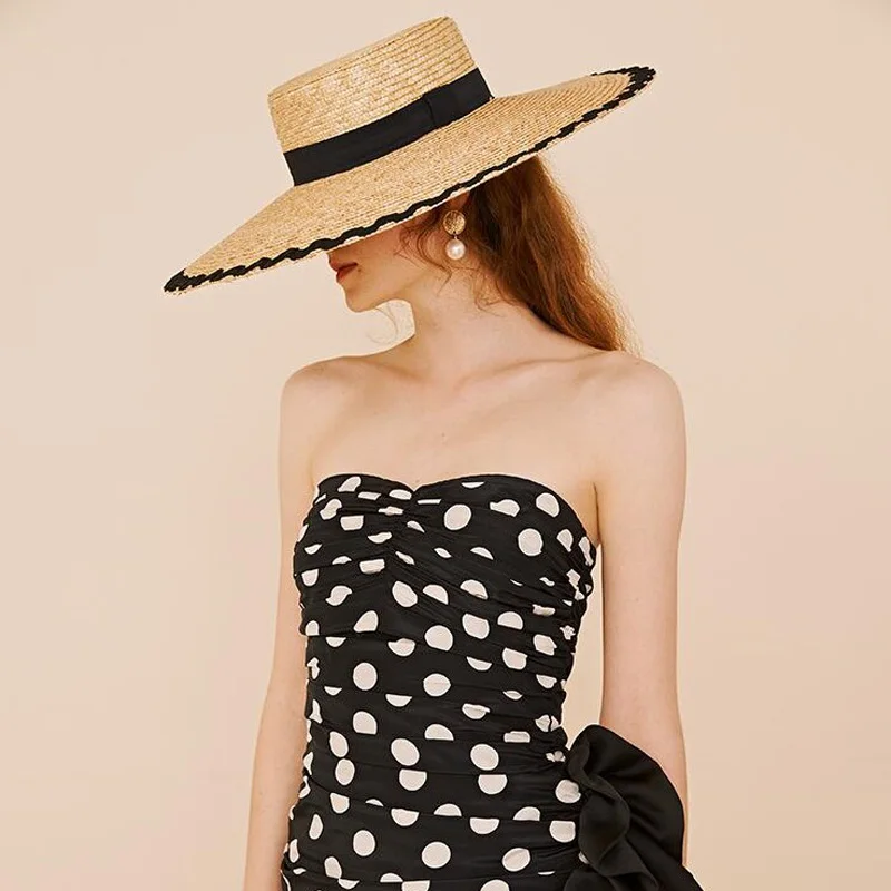 Elegant Chapeu Feminino Summer New Wave Patch Flat Top Big Wide Brim Straw Hat For Lady Holiday Sun Protection Beach Bucket Cap