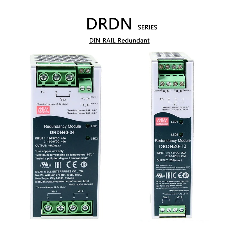 (MEANWELL)DRDN40/DRDN20 -12/24/48V DIN RAIL Redundancy Power Supply 2 channels input DC OK SINGAL for industrial factory