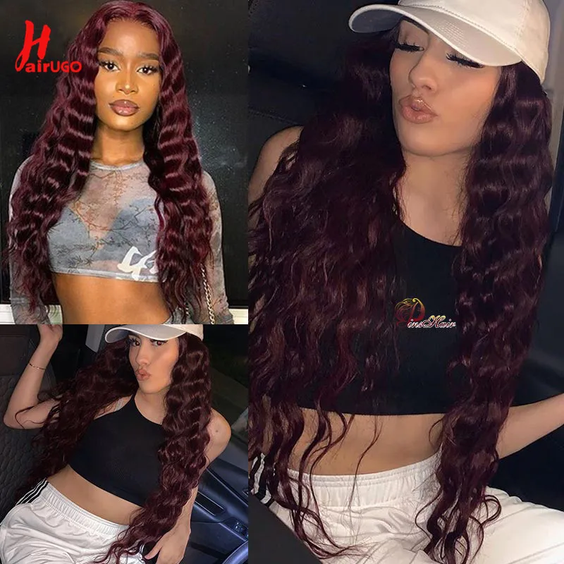 99J Deep Wave Human Hair Bundles With Closure HairUGo Burgundy 4x4 Lace Closure With Bundles Remy Hair Weaving Transparent Lace