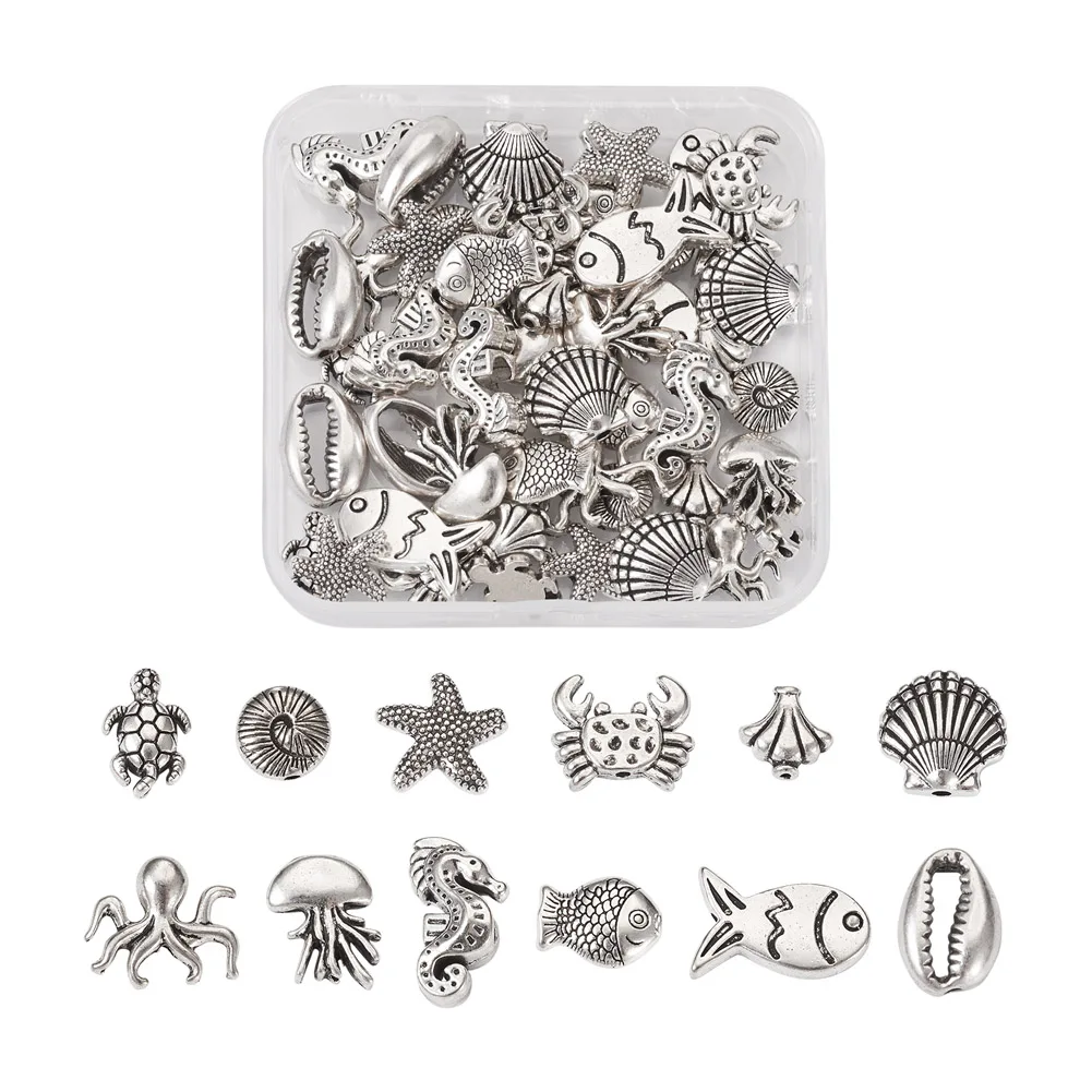 60Pcs Zinc Alloy Ocean Jewelry Beads Silver Color Turtle Fish Starfish Shell Animal Charms For Bracelet Necklace Jewelry Making