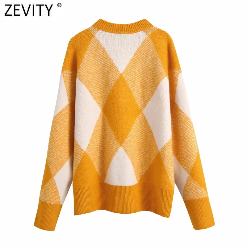 Zevity New Women Vintage O Neck Color Match Geometric Casual Knitting Sweater Female Chic Basic Long Sleeve Pullovers Tops SW913