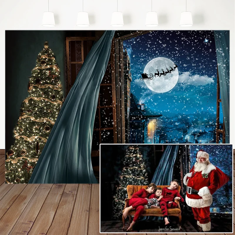 

Christmas Photography Background Snowflake Night Santa Claus Sleigh Moon Photo Backdrop Winter Wonderland Decorations Studio