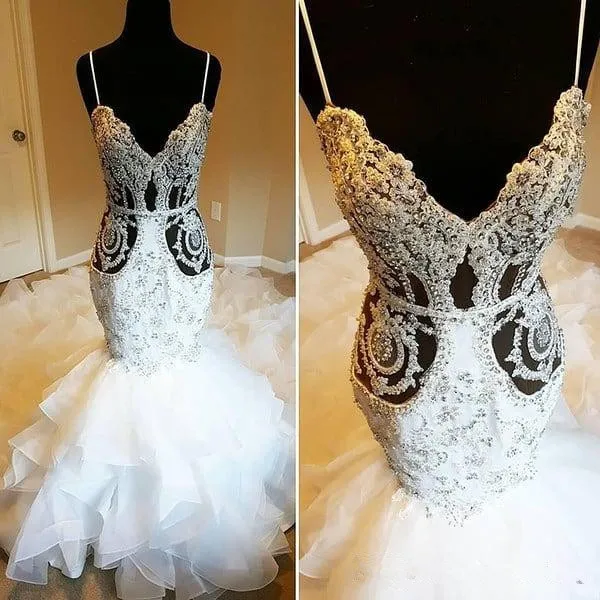 2020 New Sexy Luxury Crystal Wedding Dress Rhinestone Beads Lace Appliques Tiered Mermaid Bridal Gowns Backless Slim Custom