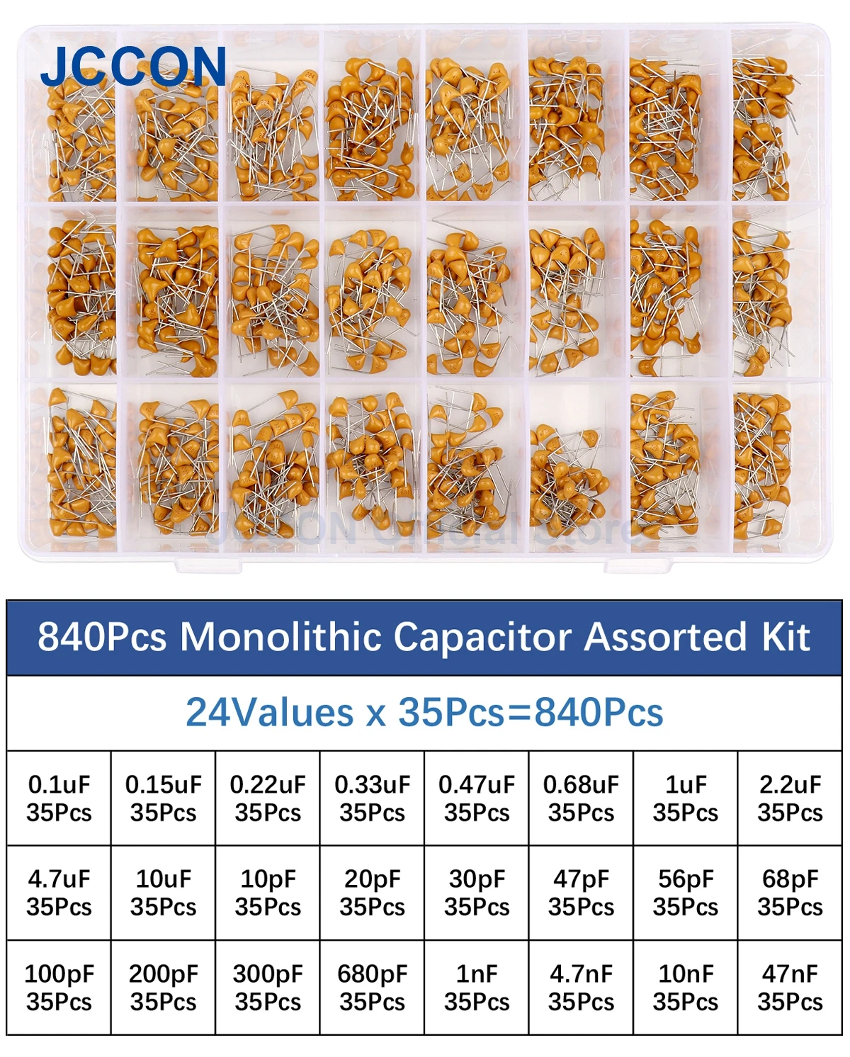 840Pcs Capacitor Assorted Kit Multilayer Ceramic Capacitors 50V 0.1UF-47NF 24Values x 35Pcs=840Pcs
