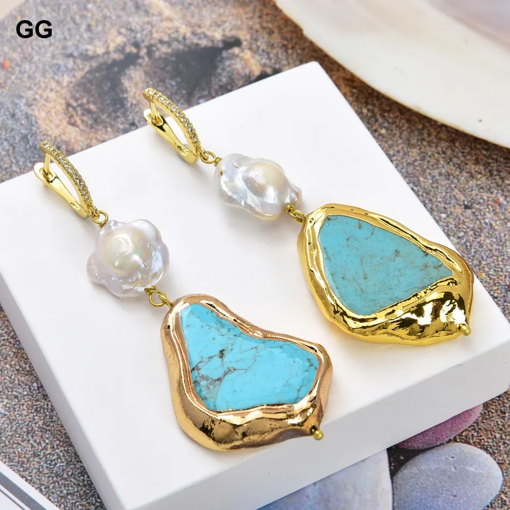 GuaiGuai Jewelry Cultured White Flower Keshi Pearl Blue Turquoise Slice Leverback Earrings