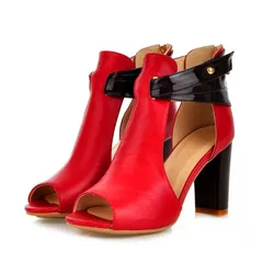 Sandálias gladiadoras peep toe para mulheres, sapatos de couro macio oco sexy, vermelho, cáqui, zíper, bombas de salto alto grossas, 35-43, verão