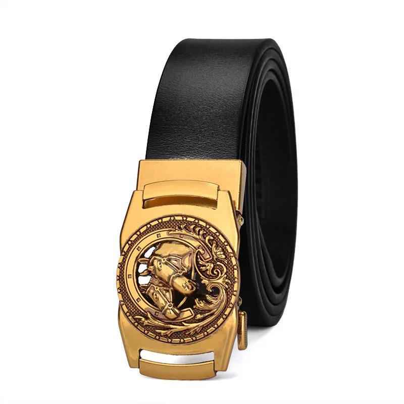 New Men Leather Automatic Buckle Belt Retro Wind Bronze Double Horse Head Buckle Men's Belt